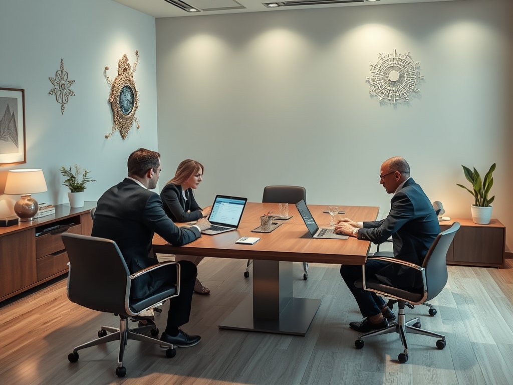 В офисе три человека за столом, работают на ноутбуках, вокруг стильный интерьер и уютная атмосфера.