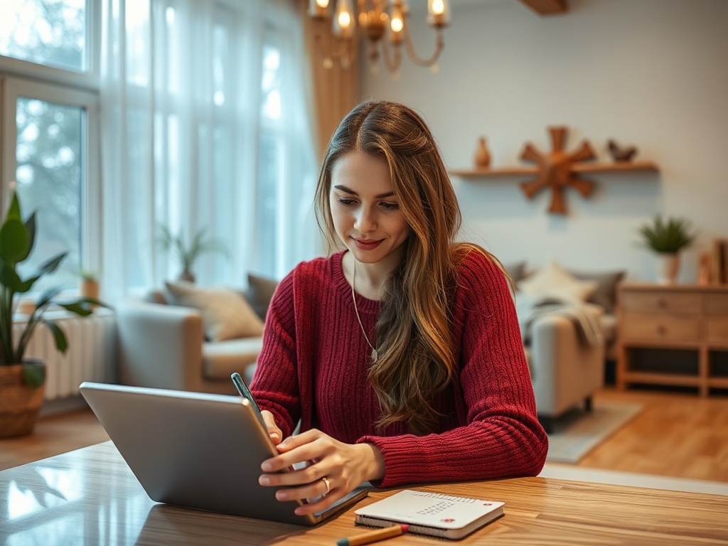 Молодая женщина в красном свитере работает за столом с планшетом в современном интерьере дома.