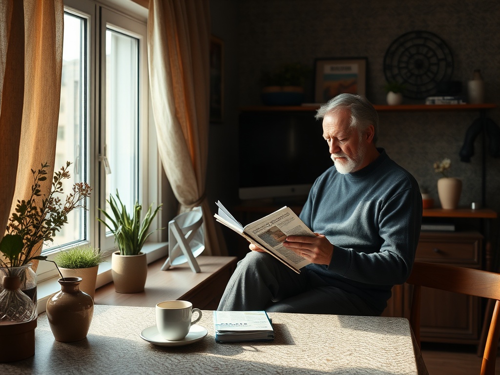 Пожилой мужчина читает газету у окна, на столе чашка и книги, рядом растения в горшках. Солнечный свет в комнате.