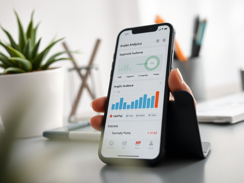 На изображении телефон с аналитикой, показывающей графики и статистику аудитории на рабочем столе.