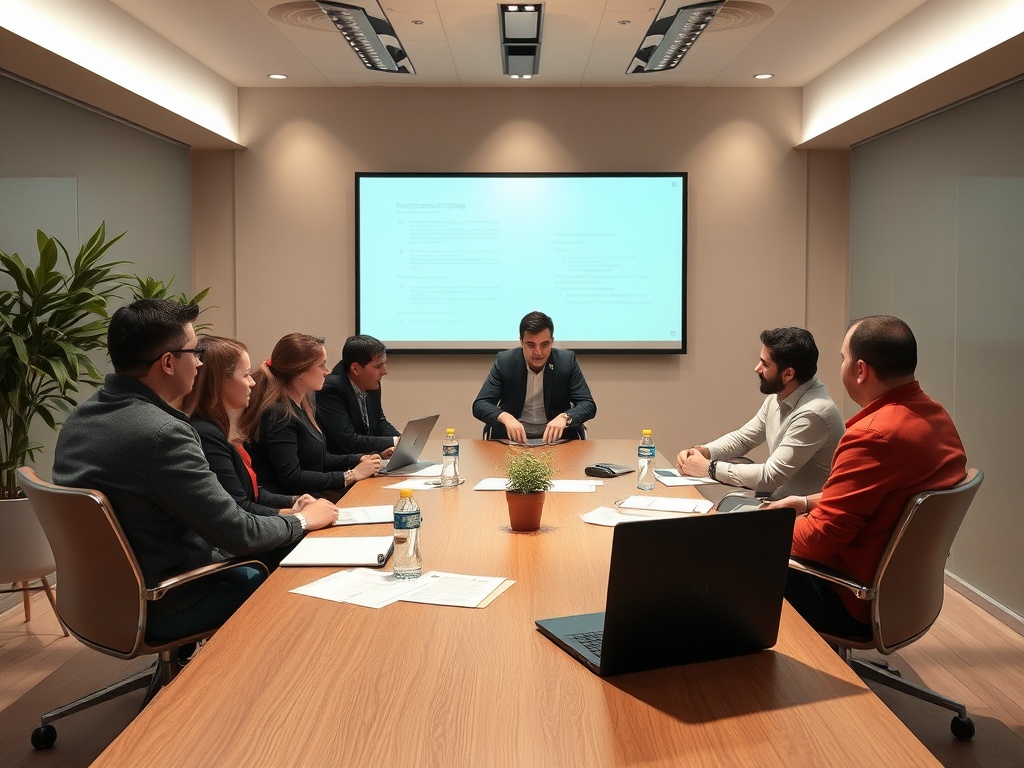 В конференц-зале семинар с обсуждением, присутствуют несколько человек, на экране - презентация.