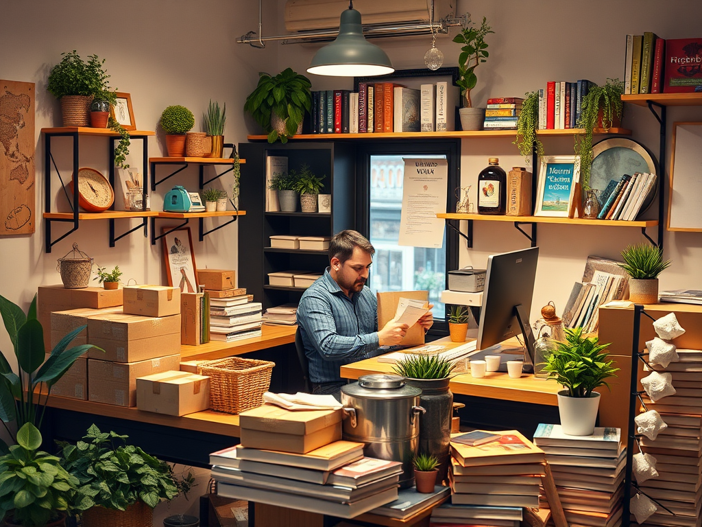 Мужчина за столом в уютном офисе, окружённый книгами и растениями, просматривает документы.