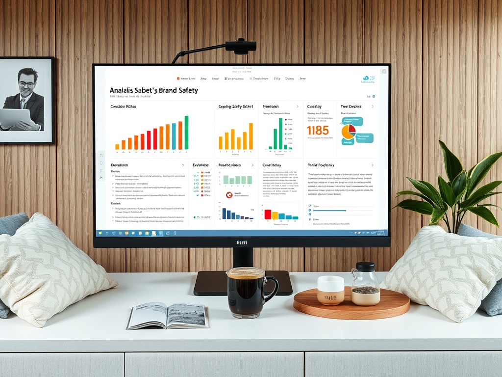 На столе находится монитор с графиками, чашка кофе и предметы для записи. На стене — портрет человека.