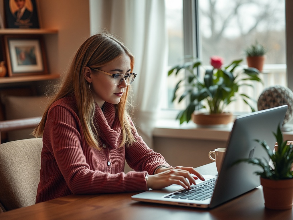 На изображении девушка в очках работает на ноутбуке в уютном пространстве с растениями на окне.