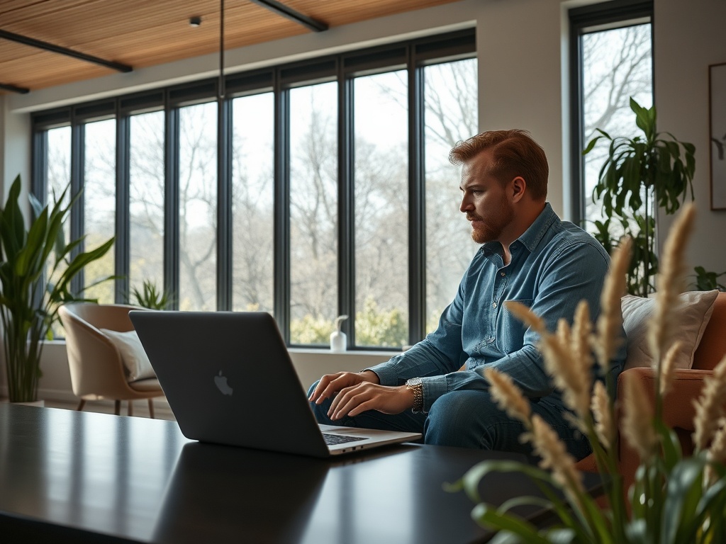 Мужчина в джинсовой рубашке работает за ноутбуком в современном офисе с большими окнами и зелеными растениями.