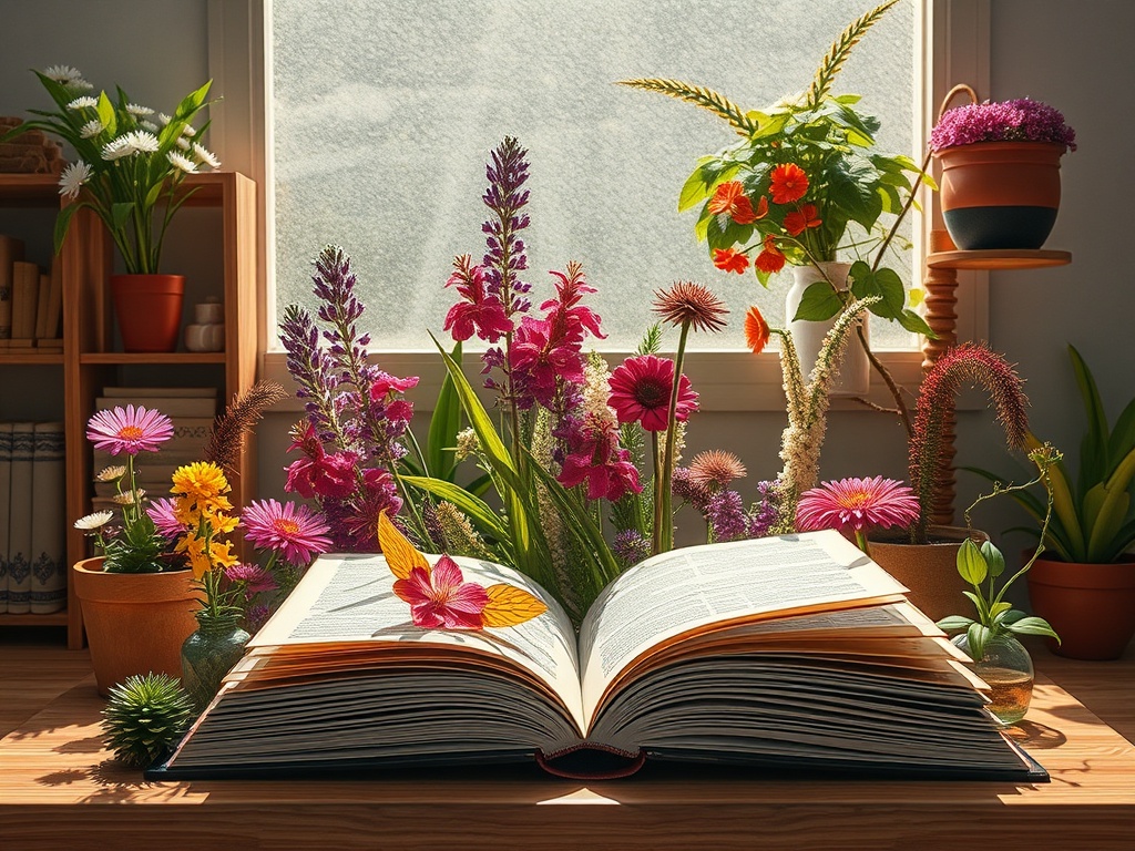 Открытая книга, окруженная разнообразными цветами и зеленью, на столе у окна с солнечным светом.