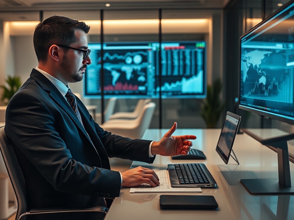 Мужчина в деловом костюме работает за компьютером с графиками на экранах в modern офисе.