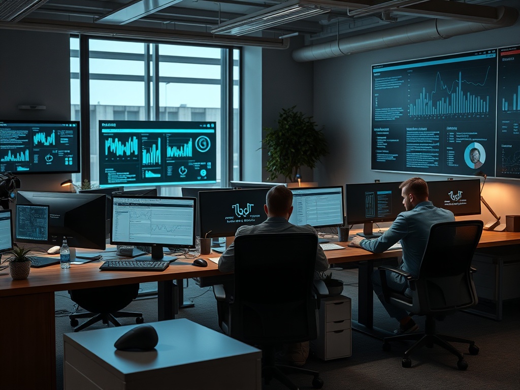 Современный офис с несколькими мониторами и двумя сотрудниками, работающими с данными.