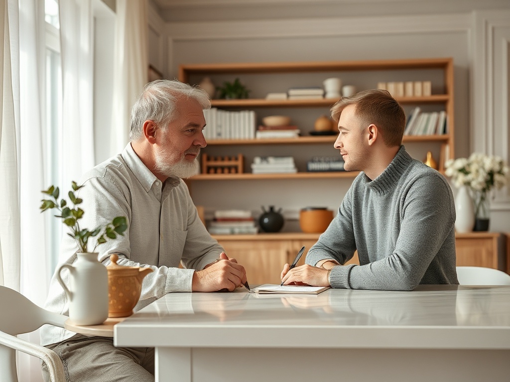 На изображении отец и сын беседуют за столом, обсуждая важные вещи в уютной обстановке.
